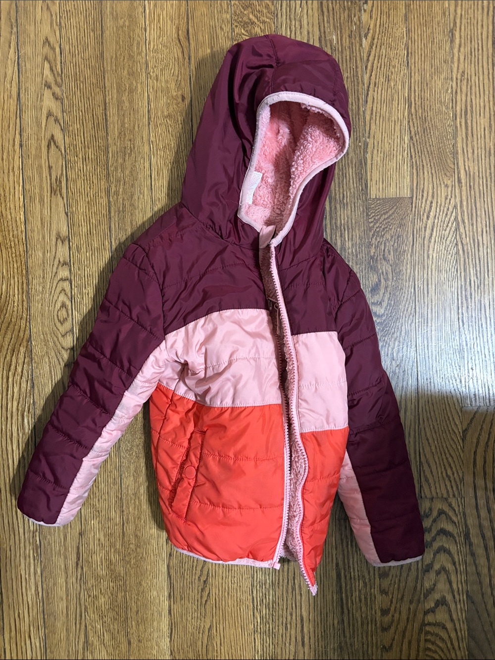 Cat & Jack Girls' Hooded Colorblock Puffer Jacket - Burgundy, Light Pink & Coral